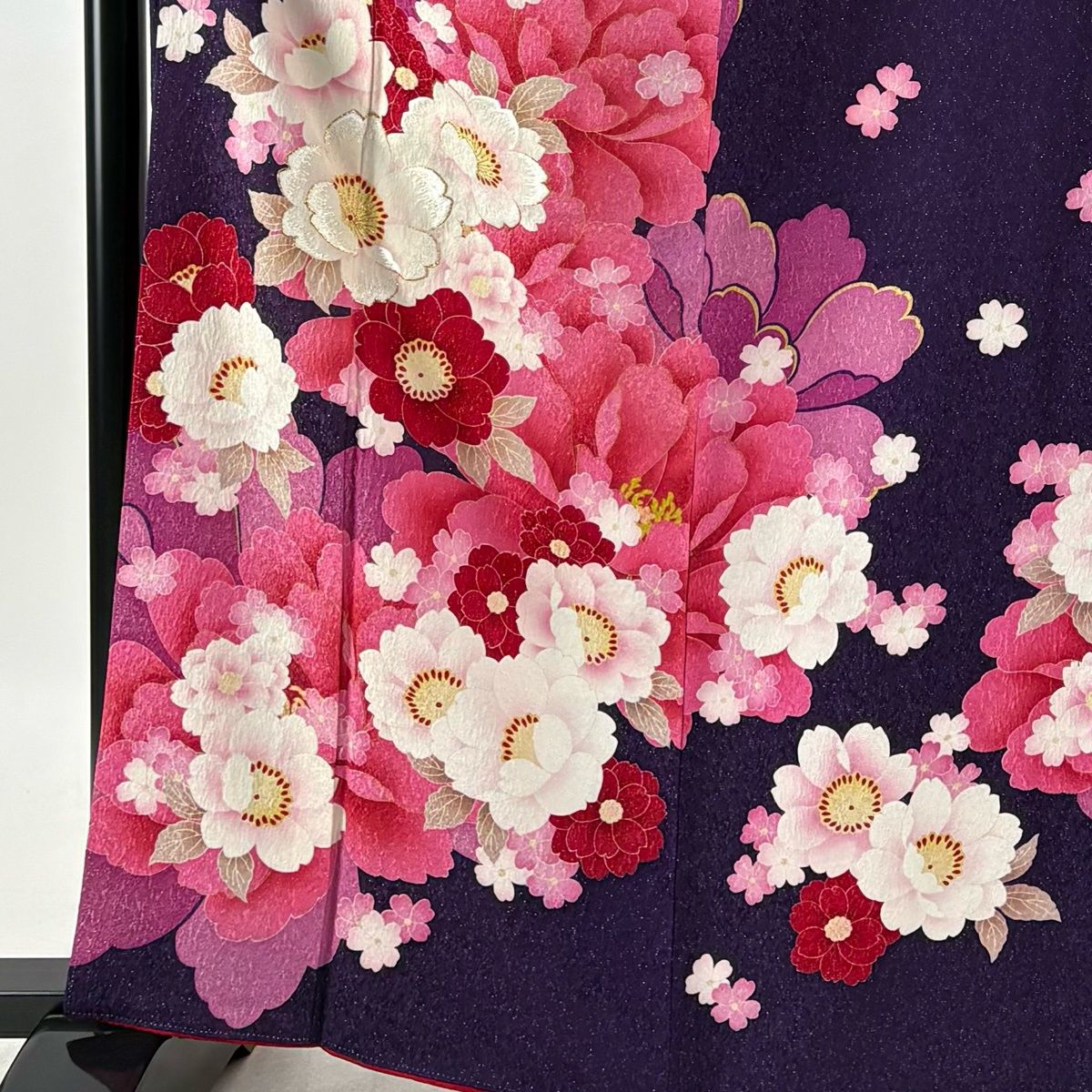 振袖 身丈164cm 裄丈65cm M 袷 牡丹 桜 銀通し 刺繍 紫 正絹 名品