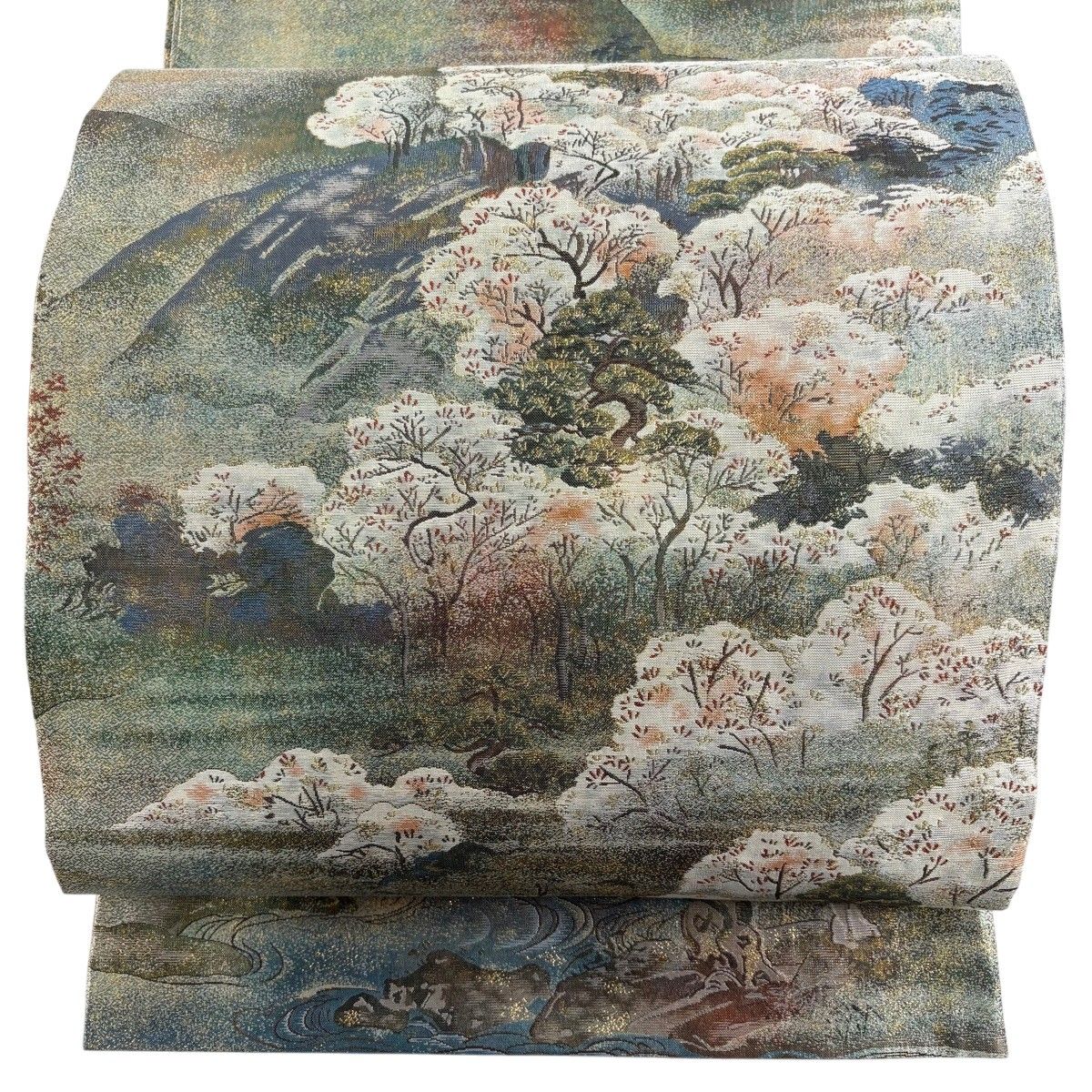 【美品】 丸帯 名品 風景 樹木 箔 金糸 灰緑 お太鼓柄 正絹 【中古】