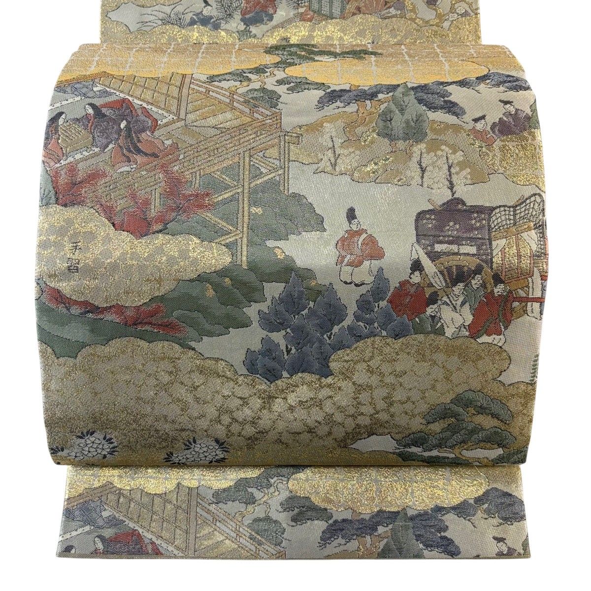 丸帯 名品 落款 人物 雲文 金糸 箔 銀色 全通 正絹 【中古】