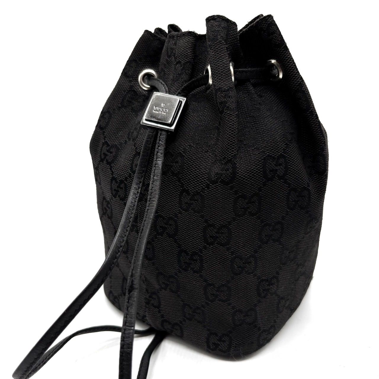 【良品】GUCCI GG柄 キャンバス シルバー金具 巾着 ハンドバッグ ポーチ ブラック 黒 ヴィンテージ ユニセックス 男女兼用