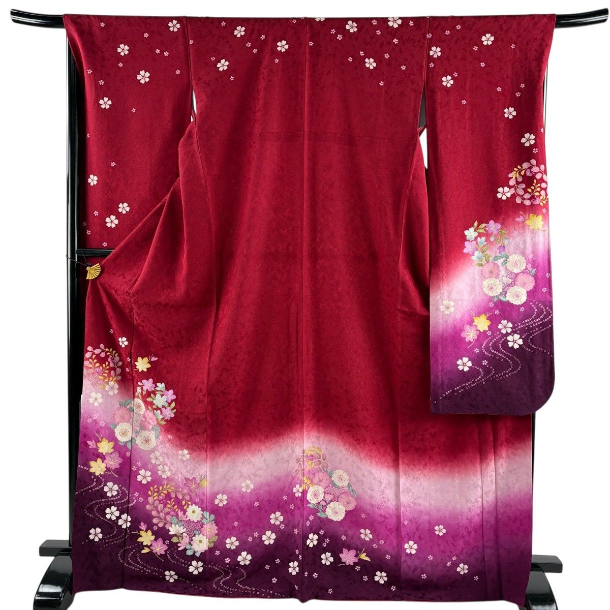 【振袖フルセット】身丈162.5cm 裄丈67.5cm 桜 流水 箔 金彩 赤 振袖 身丈169cm 裄丈67.5cm L 袷 桜 流水 箔 染め分け 赤 正絹 秀品