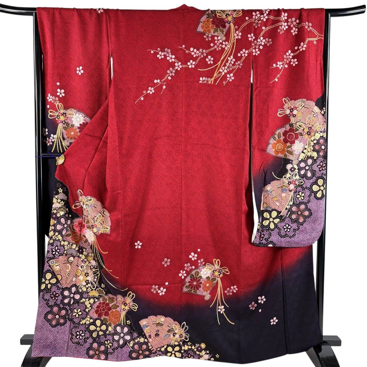 振袖 身丈165cm 裄丈67.5cm L 袷 桧扇 桜 刺繍 赤 正絹 秀品 【中古