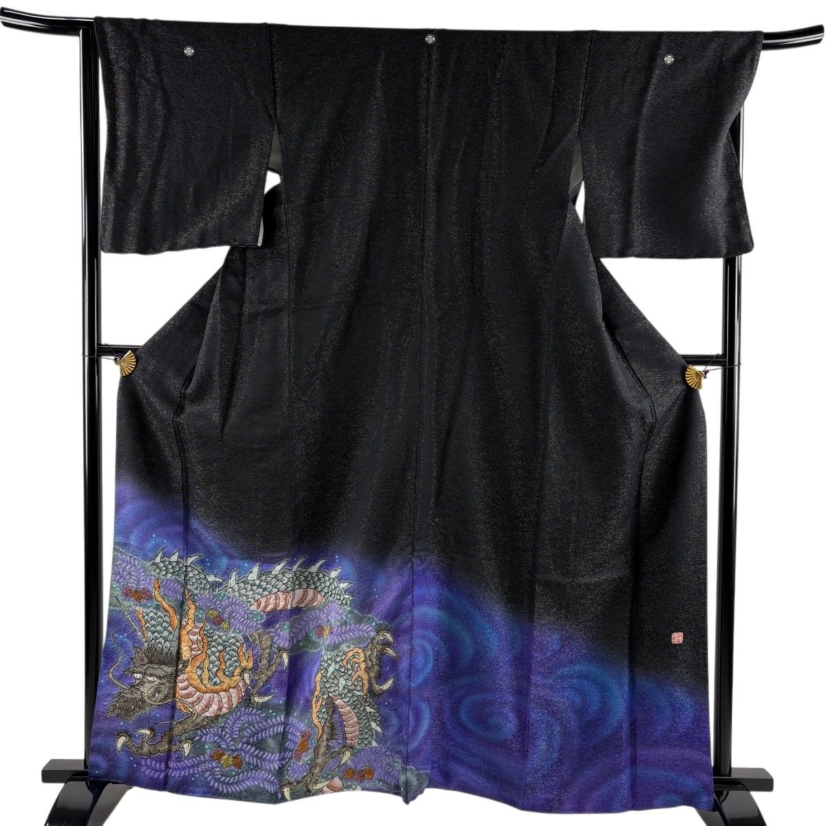 【美品】 黒留袖 身丈163cm 裄丈67cm M 袷 二代目 久保田一竹 落款 龍 葉柄 金通し 絞り 黒 正絹 逸品 三つ紋 【中古】