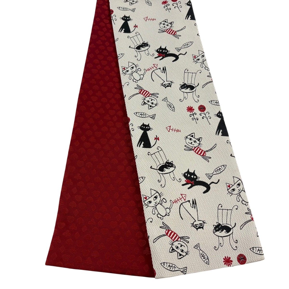 【美品】半幅帯 秀品 猫 魚 薄茶色 化繊 【中古】