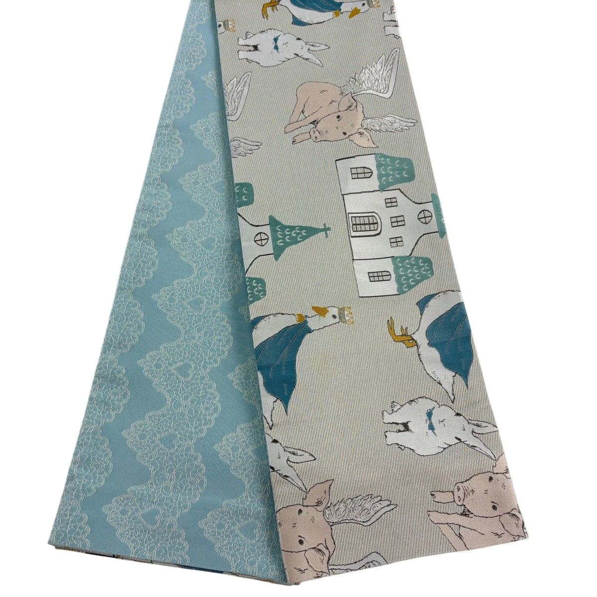 【美品】半幅帯 秀品 動物 建物 灰茶 化繊 【中古】