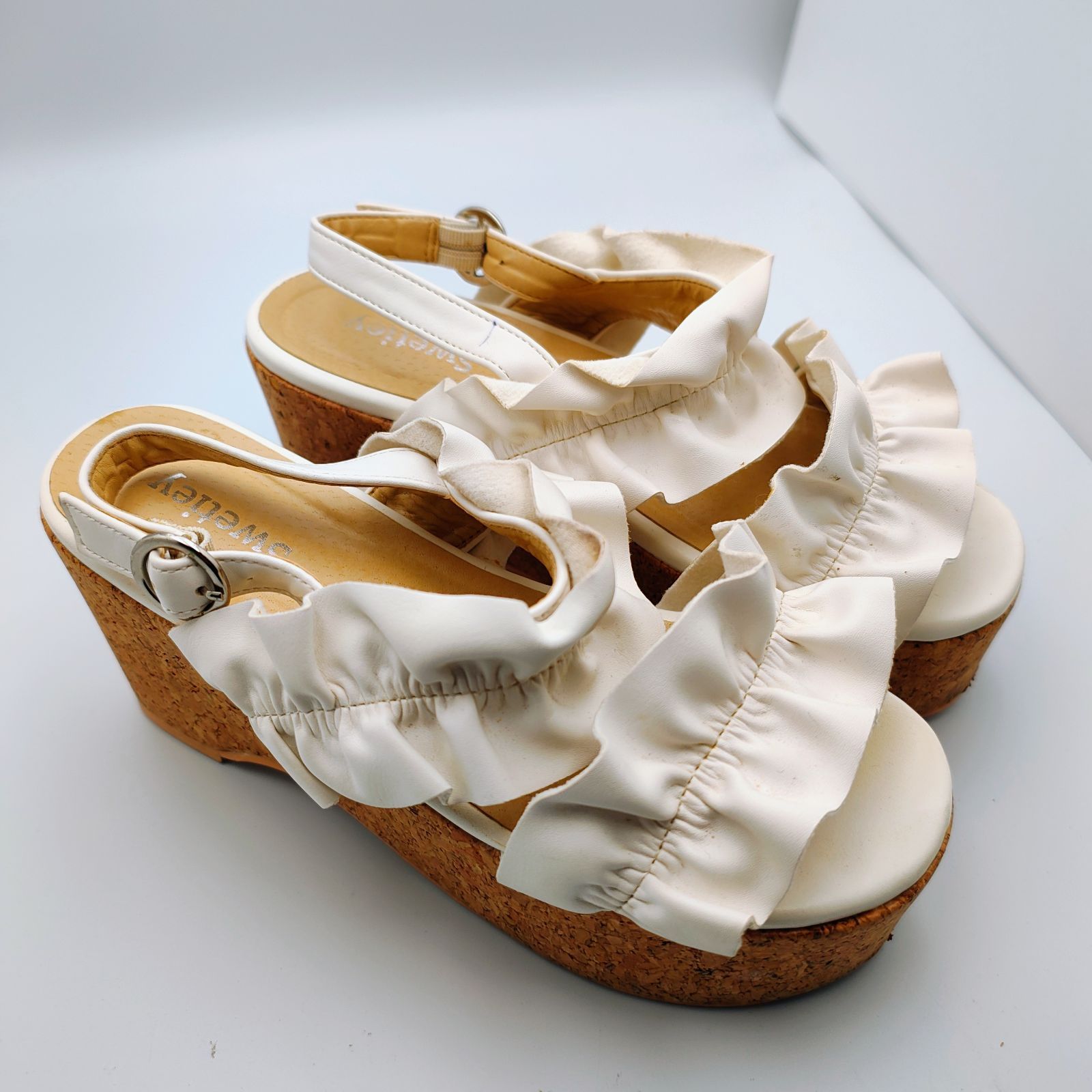White Frill Thick Bottom Sandals Girly Style Liz Lisa Tea & Co Style Cork Sole Women's Ready to Buy [TE30]