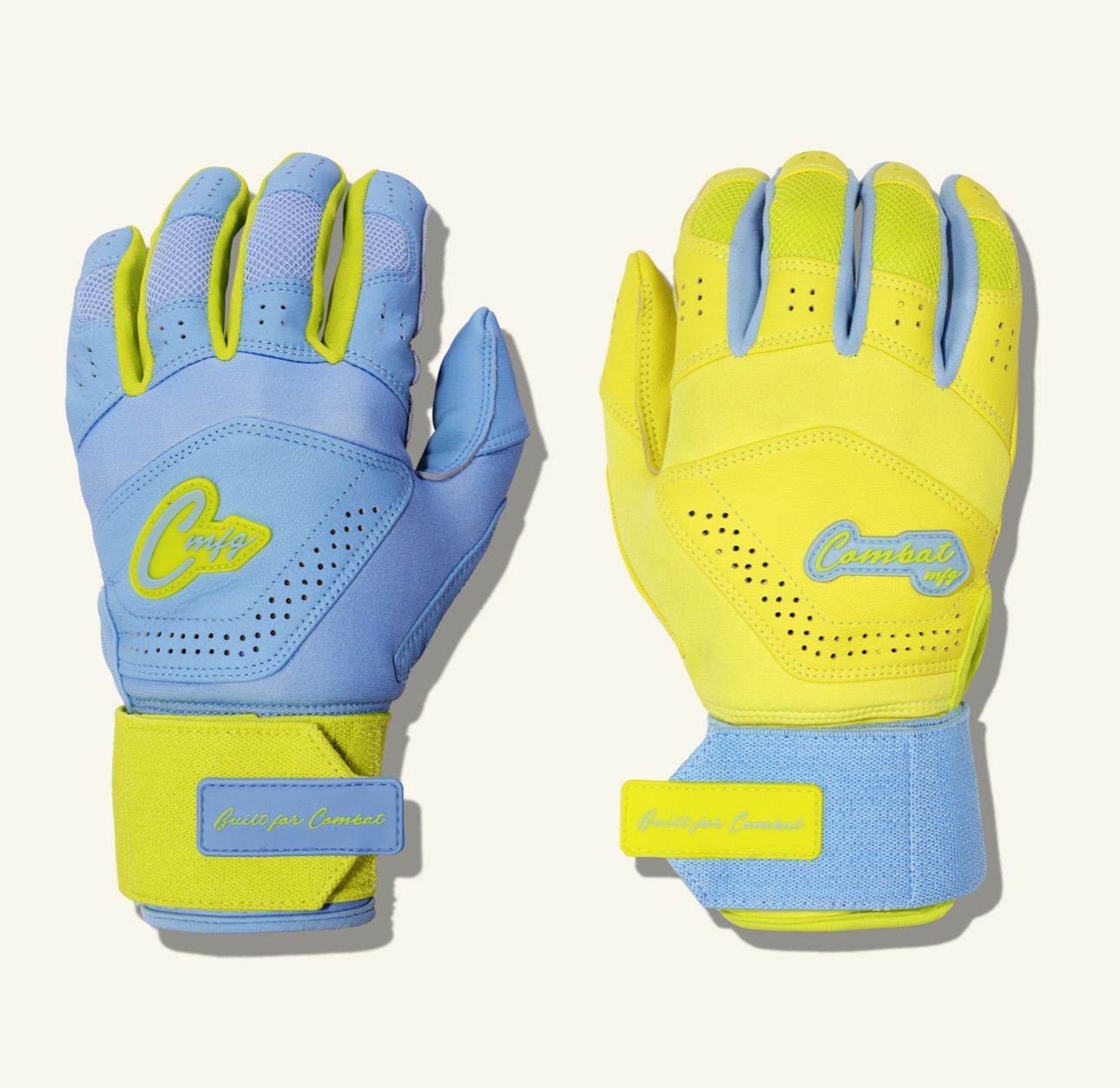 COMBAT MFG　バッティンググローブ 両手用 高グリップ仕様 野球 COMBAT MFG YING YANG LONG STRAP BATTING GLOVES, COLUMBIA BLUE/LEMONADE BLITZ
