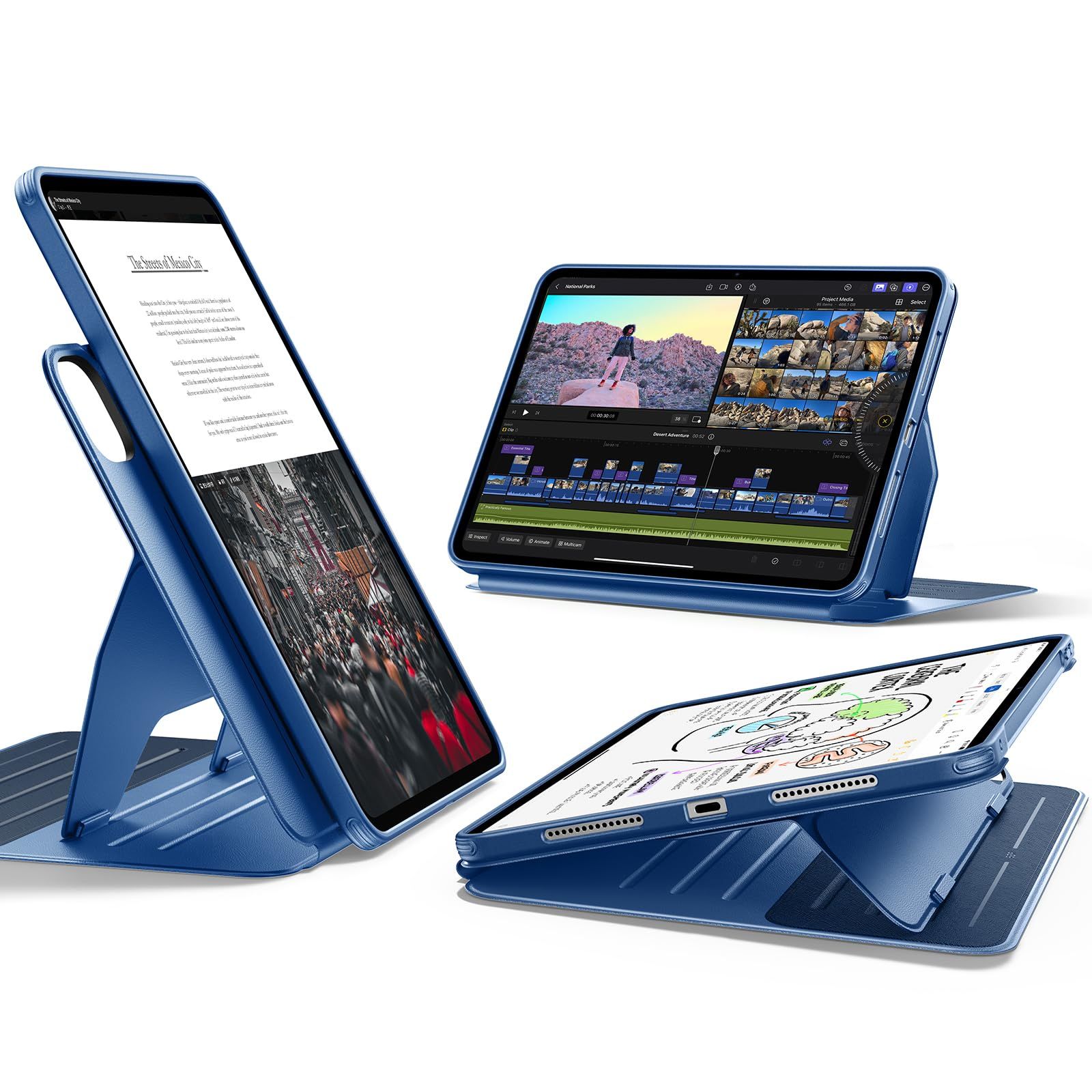 新品 ESR iPad Pro 13インチ ケース M5/M4（2025/2024）対応 着脱式マグネットカバー 単体使用可能 縦横対応 9段階角度調整スタンド Pencil Pro/USB-C対応 耐衝撃 オートスリープ Shiftシリーズ ブルー