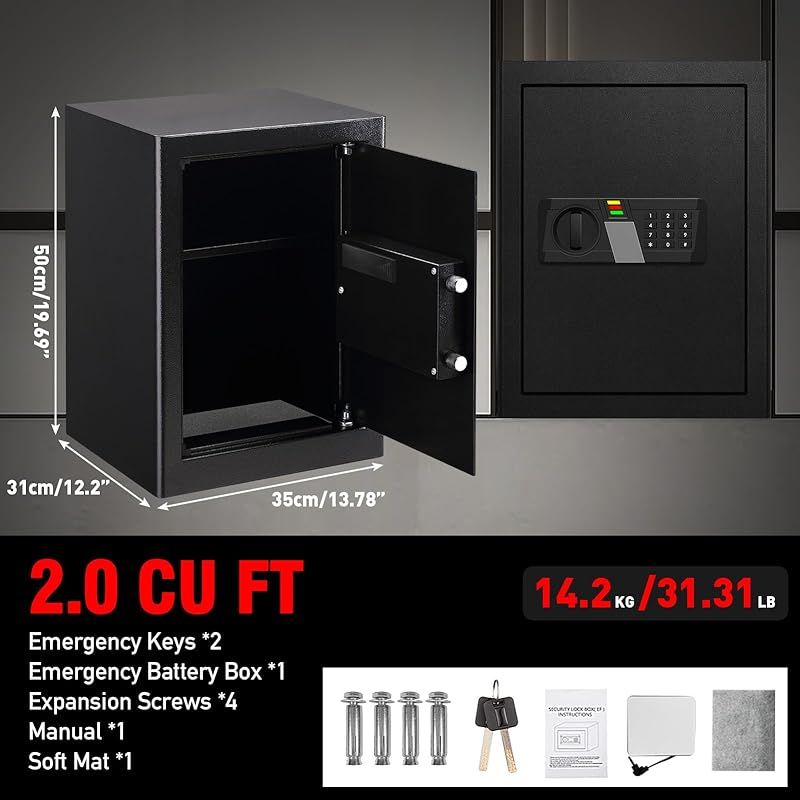 AltiKeep 金庫 家庭用 60L テンキー式 電子金庫 耐火書類バッグ付属 現金／宝石／貴重品 警報アラーム付き 壁に固定可能 仕切り板付き 31 x 35 x 50cm 0
