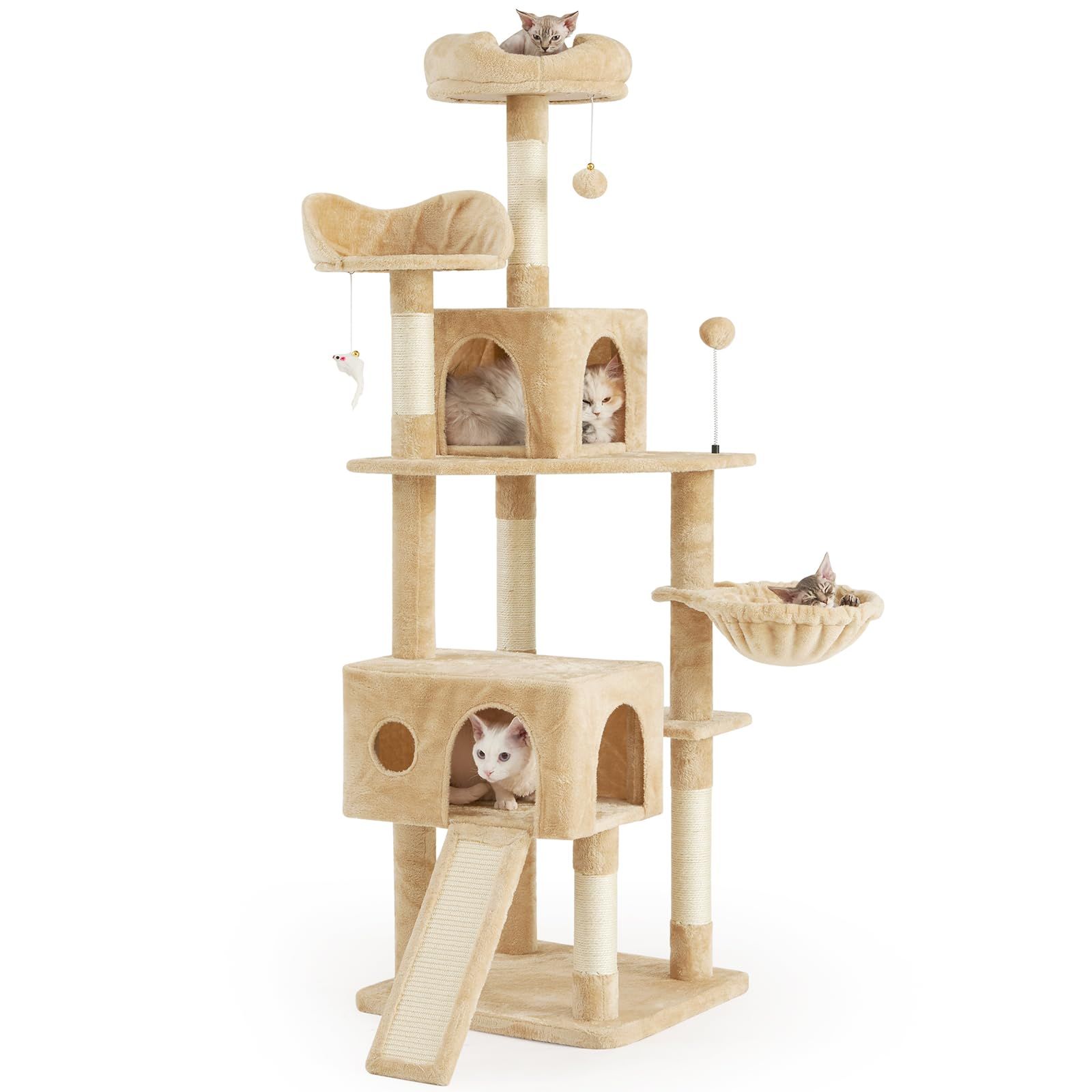 AIFY キャットタワー 大型猫用 多頭飼い 省スペース スリム 据え置き 安定強化構造 ハンモック付き 隠れ家付き 爪とぎ 見晴らし台 おもちゃ付き 運動不足解消 高さ170cm ベージュ 0