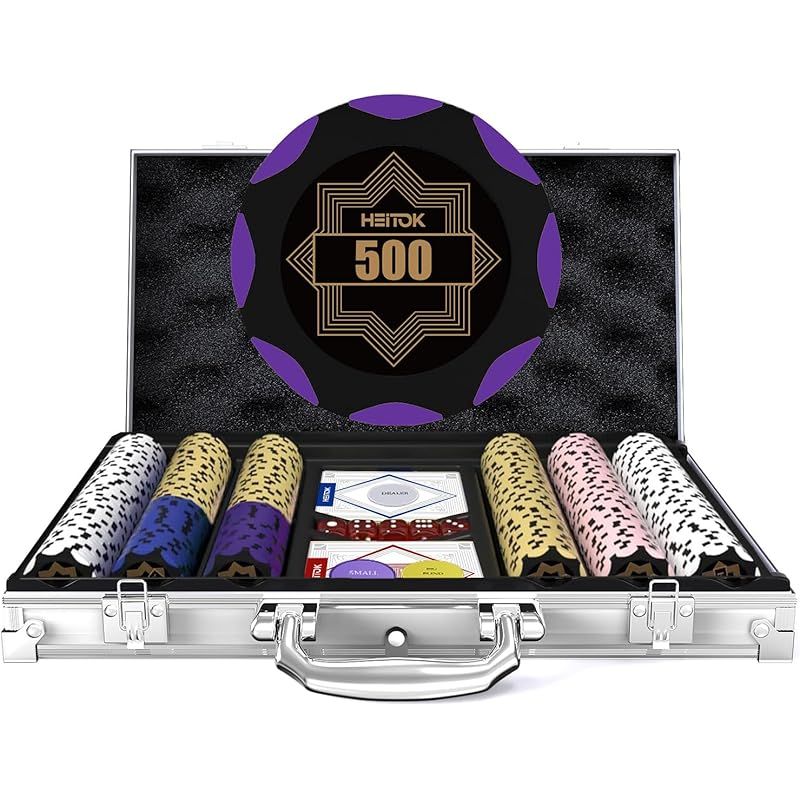 HEITOK ポーカーチップ 300枚 カジノ14g クレイポーカーセット ナンバー付き アルミケースセット テキサスホールデム対応 ダイス5個・トランプ2組付き 1