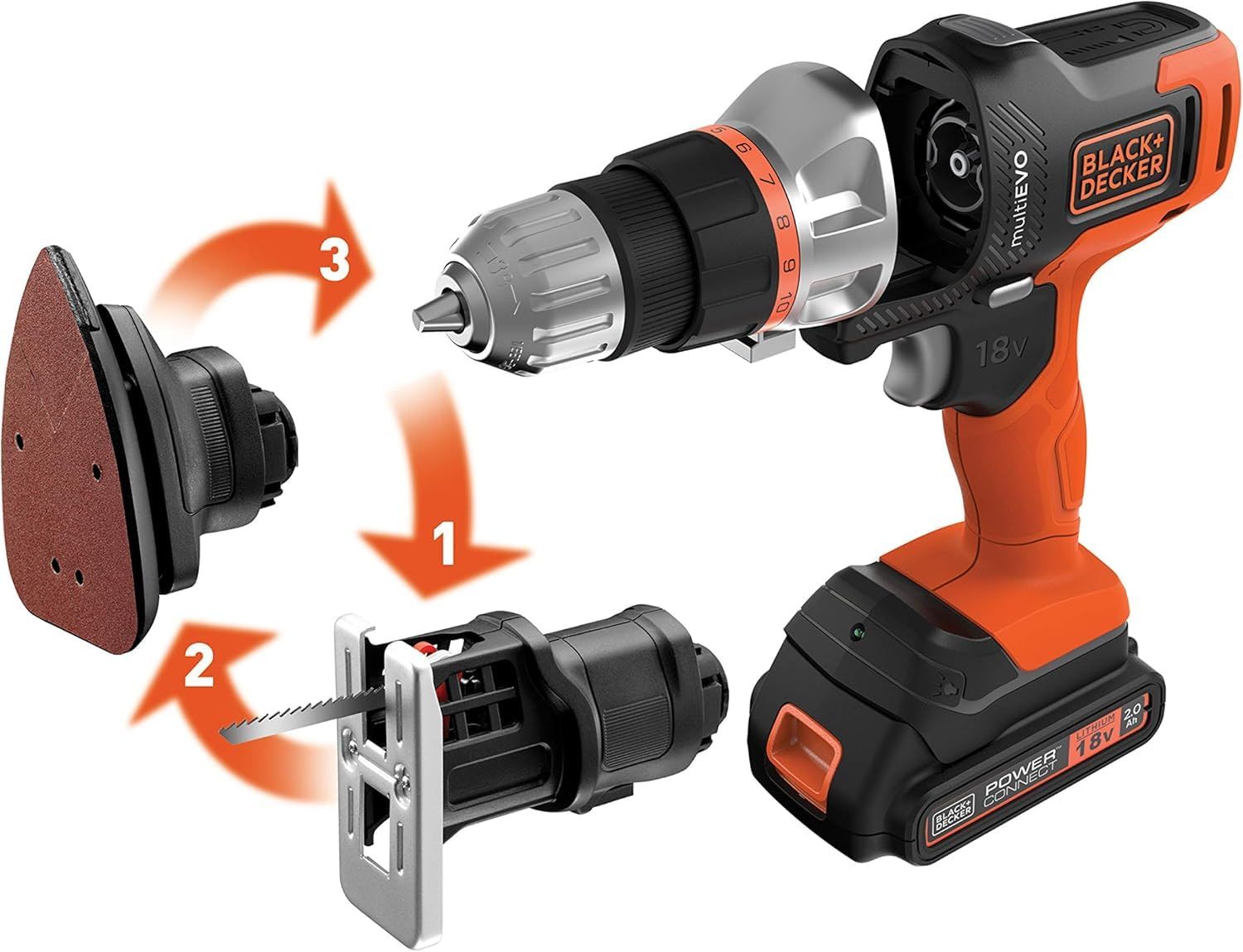 ブラックアンドデッカー(BLACK＋DECKER) コードレス マルチツール 3in1 multievo EVO185B1 DIY 電動工具 穴あけ 締付工具 ドリルドライバー ジグソー サンダー 18V 2.0Ah ビット 11種 バッテリー 2個 専用 1