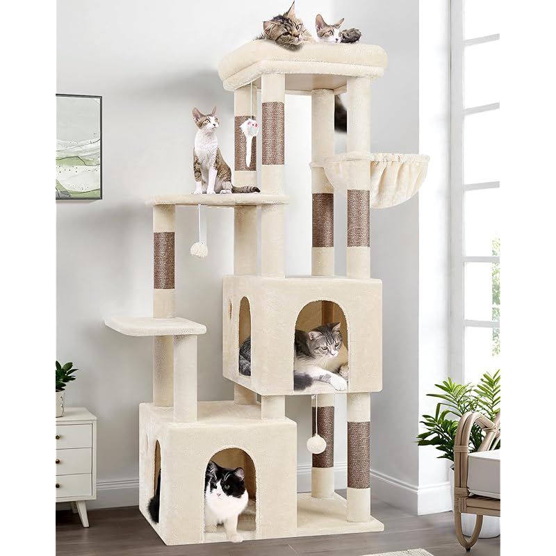 Globlazer キャットタワー 据え置き シニア 猫タワー 大型猫用 猫タワー 多頭飼い 大型 多機能 登りやすい 2ねこハウス 7天然麻紐爪とぎポール ぬいぐるみクッション展望台 猫 ベッド ハンギングバスケット ポンポンおもちゃ 転倒防止ベルト付き 1