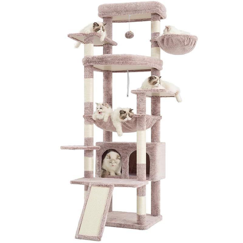 Heyblyキャットタワー 大型猫用 高さ202cm 複数猫飼育向け 高安定性 据え置き型キャットタワー 超大型扇形プラットフォーム 広々としたハンモック キャットハウス 登りやすい設計 多機能 運動不足解消 ローズブラウン HCT038MU 1