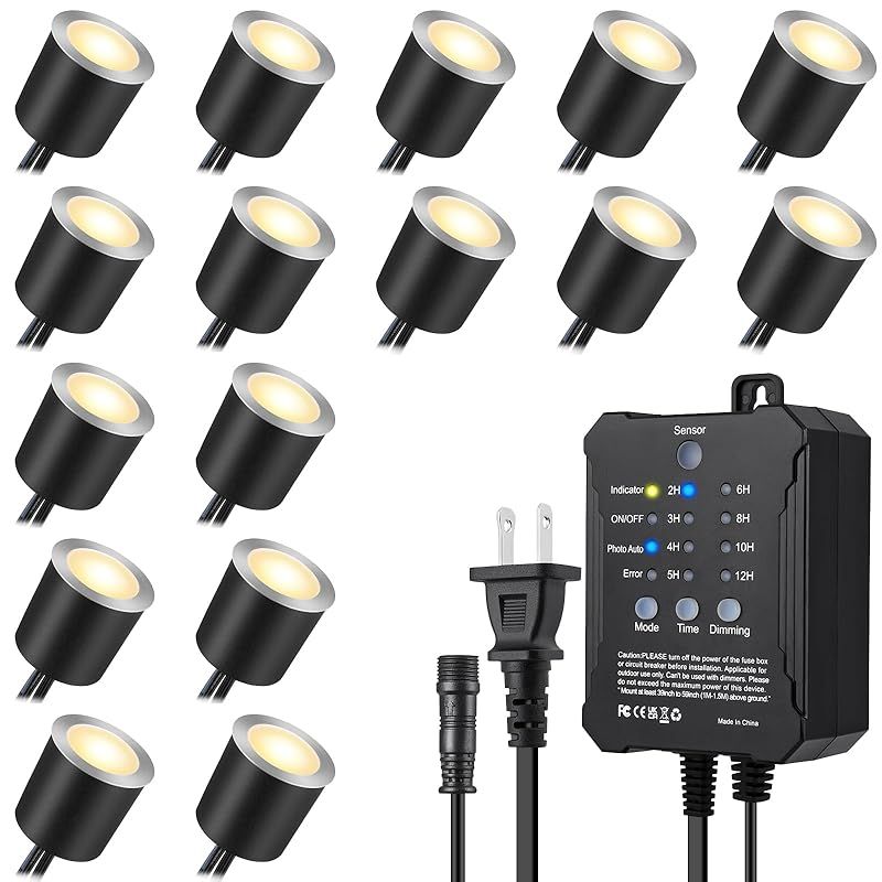 [SMY Lighting] ガーデンライト 地中埋込み LED 電球色 調光 自動点灯 タイマー ライト 16個 セット φ32mm DC12V 屋外照明 家庭用 フォトセル センサー IP67 防水 メモリ機能 家庭用 コンセント HZT-1005J 0