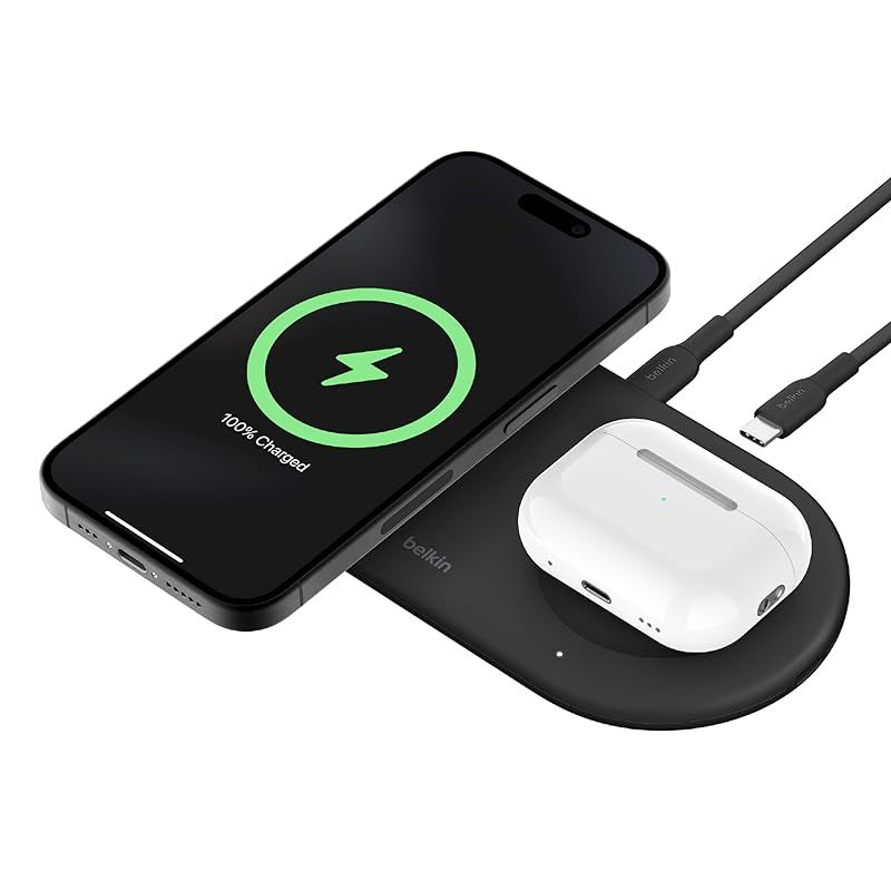 Belkin 2 in 1 ワイヤレス充電器 Qi2公式認証／MagSafe対応 iPhone17,16～12／スマートフォン(最大15W高速充電) AirPods／ワイヤレス充電対応イヤホン(5W充電) USB-Cケーブル付属(1.5m) AC電源アダプ 0