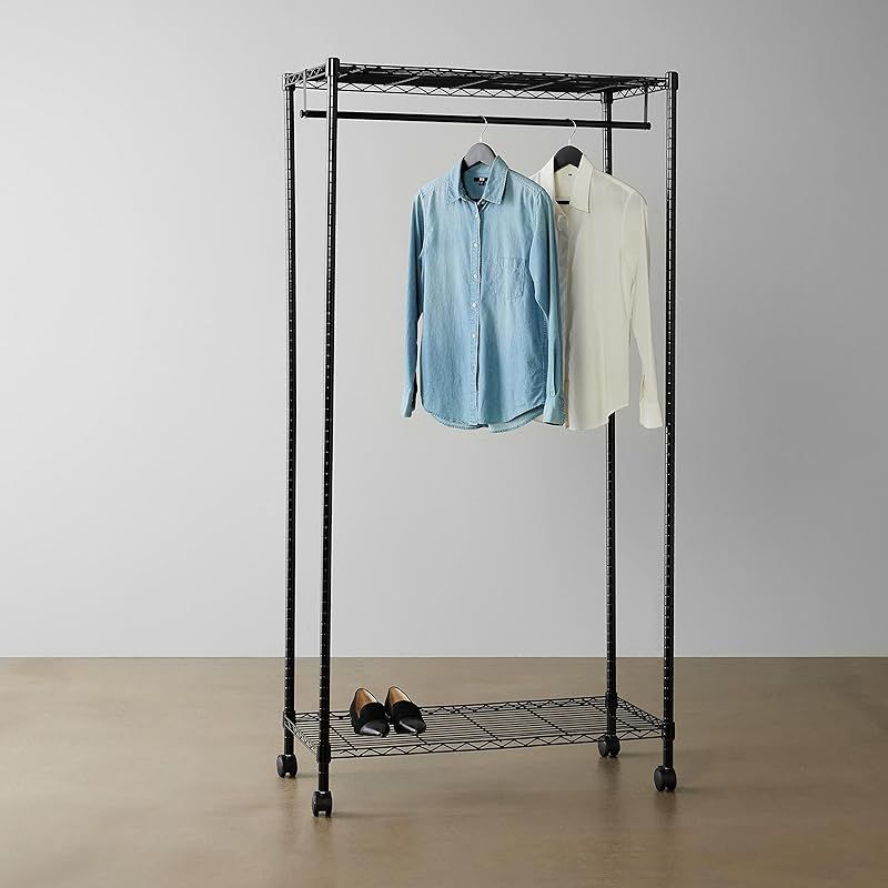 Amazonベーシック ハンガーラック 1段 洋服ラック 耐荷重79.8 kg 頑丈 キャスター付き 棚付き 幅91.4 x 奥行35.6 x 高さ182.9cm, ブラック 0