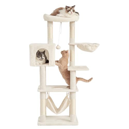 AIFY キャットタワー 大型猫用 多頭飼い 省スペース スリム 据え置き 安定強化構造 抗菌 消臭 ハンモック付き 隠れ家付き 爪とぎ 見晴らし台 おもちゃ付き 運動不足解消 高さ140cm 0