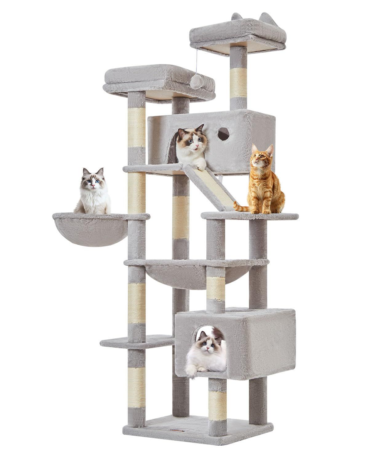 Taoqimiao キャットタワー 高さ180cm 大型猫用 多頭飼い対応 据え置き 省スペース 転倒防止付き 運動不足解消 安定感 天然麻紐の猫の爪とぎボード 特大猫ハウス付き 金属フレームハンモック サイザル麻支柱8本 爪とぎボード 2段展望台 MS0 1