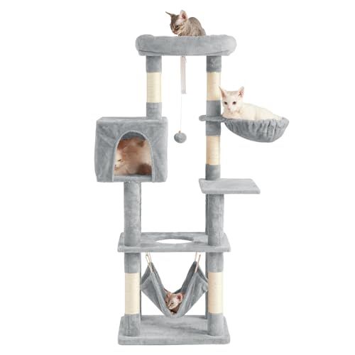 AIFY キャットタワー 大型猫用 多頭飼い 省スペース スリム 据え置き 安定強化構造 抗菌 消臭 ハンモック付き 隠れ家付き 爪とぎ 見晴らし台 おもちゃ付き 運動不足解消 高さ140cm 0