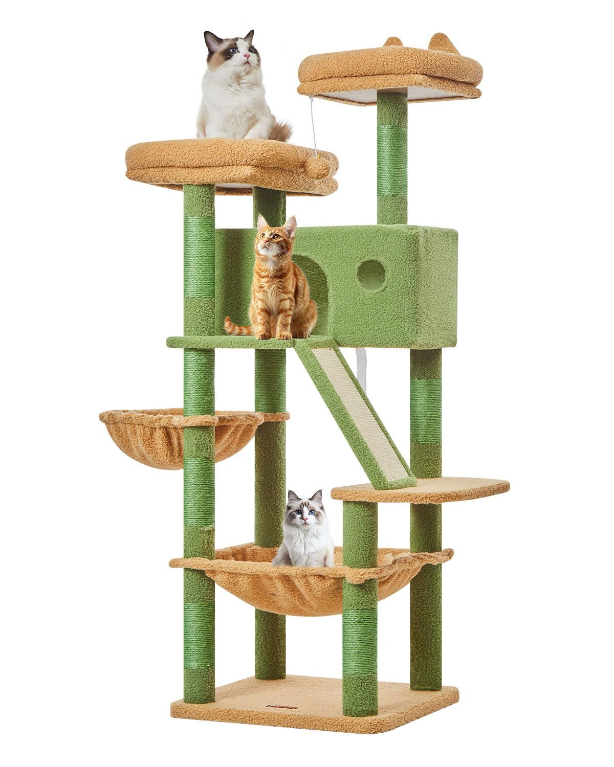 Taoqimiao キャットタワー 大型猫用 高さ約146cm 据え置き式 猫タワー 多頭飼い対応 省スペース 転倒防止付き 運動不足解消 安定感 天然麻紐の猫の爪とぎボード シザル爪研ぎポール8本 特大猫ハウス付き メタルハンモック 2段トップパーチ M 1