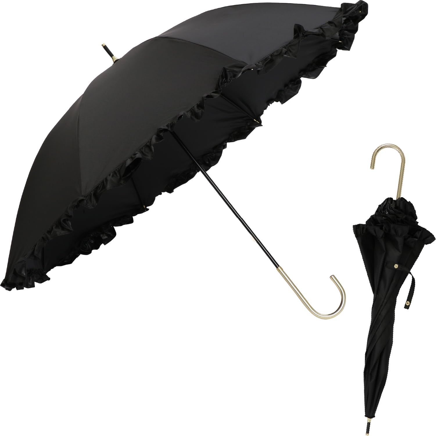 ASSA Parasol 여성용 긴 우산, 주름 장식, 자외선 차단, 경량, 100% 자외선 차단, 열 차단 효과, 열 차단 효과, 성인용, 귀여운 (FL401/블랙) 1