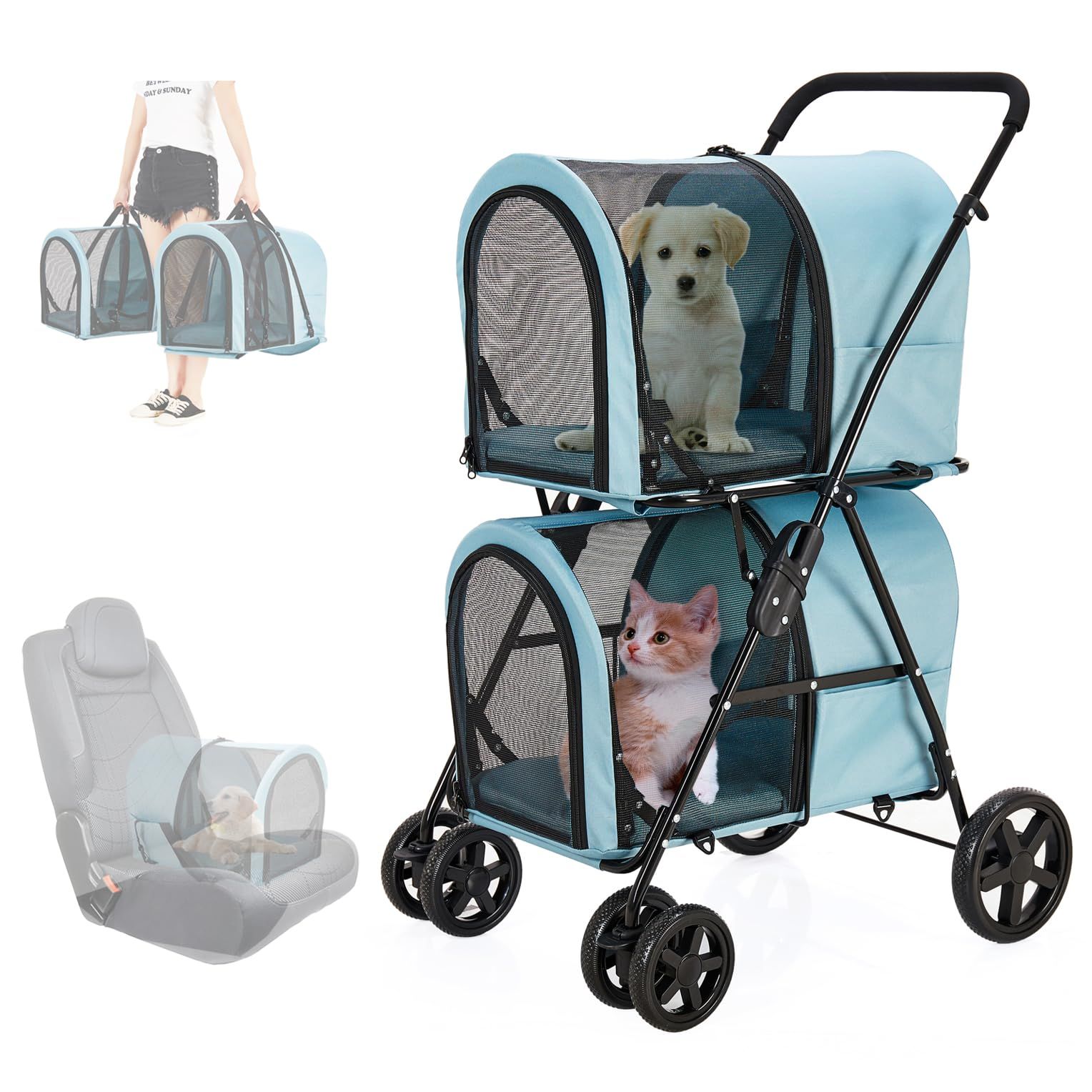 LPOTIUS ペットカート 多頭 上下2段式 分離型 ペットバギー 折りたたみ 軽量 犬用ベビーカー コンパクト収納 ペットキャリーバッグ 4輪 前輪360°回転 後輪ブレーキ付き 小型犬 中型犬 犬猫兼用 耐荷重20KG 上段10KG 下段10KG 多 0