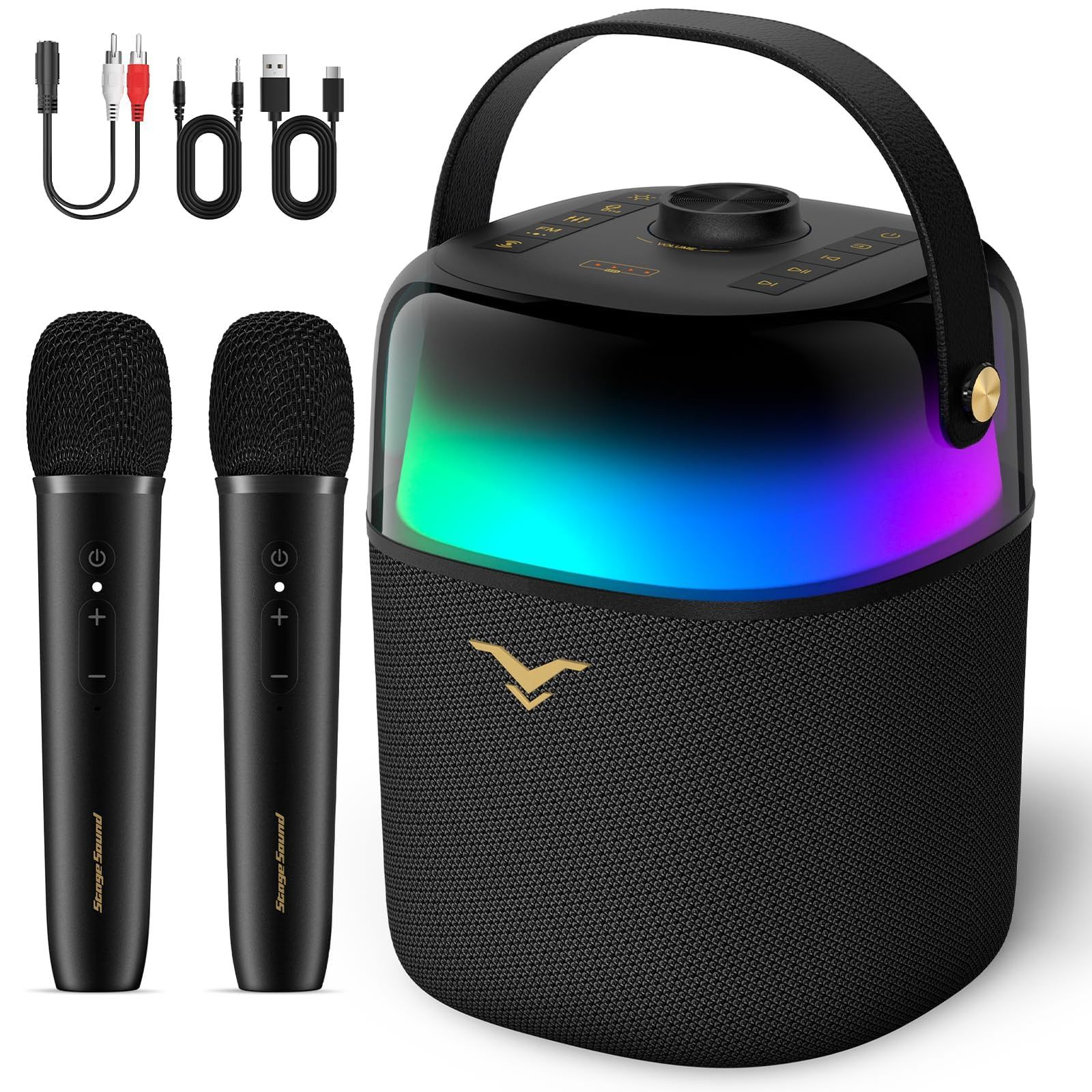 カラオケセット 家庭用 ポータブルBluetoothスピーカーセット ワイヤレスマイク2本付き 最大80W出力 高低音強化 LEDライト搭載 簡単操作 USB／AUX／テレビ／有マイク接続対応 充電式8000mAh大容量バッテリー内蔵 12時間再生 小型 0