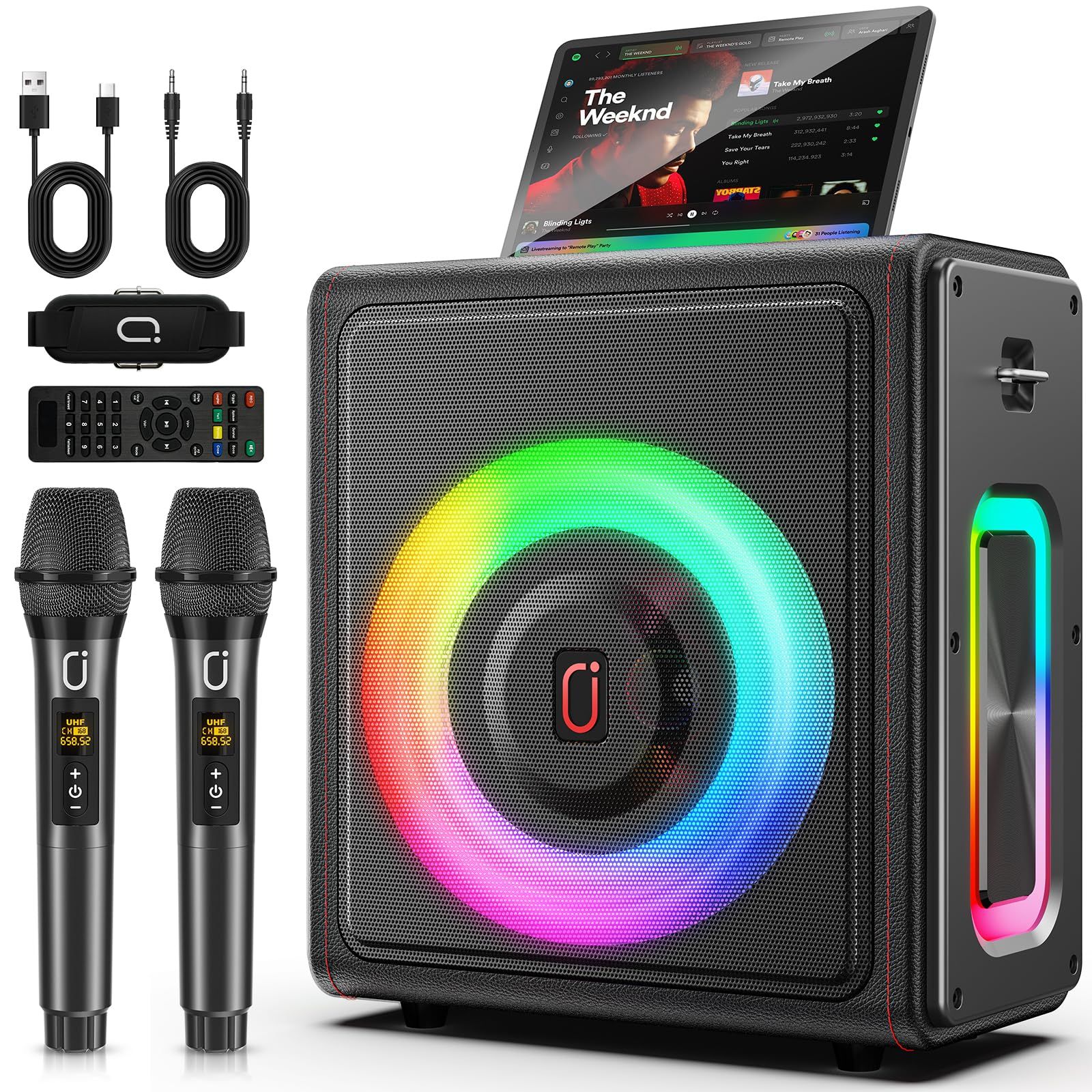 JYX スピーカーセット ワイヤレスマイク2本付属 Bluetooth5.3 大容量バッテリー搭載 PAシステム 録音／USB／TFカード／3.5mm入力対応 20W出力 充電式 屋外イベント・会議・家庭用 小型 カラオケセット 0