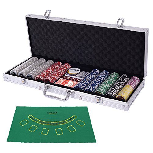 COSTWAY ポーカーセット 500枚チップ 数字入り マット付き ポーカーチップ チップ カジノチップ カジノゲーム シルバーケース 0