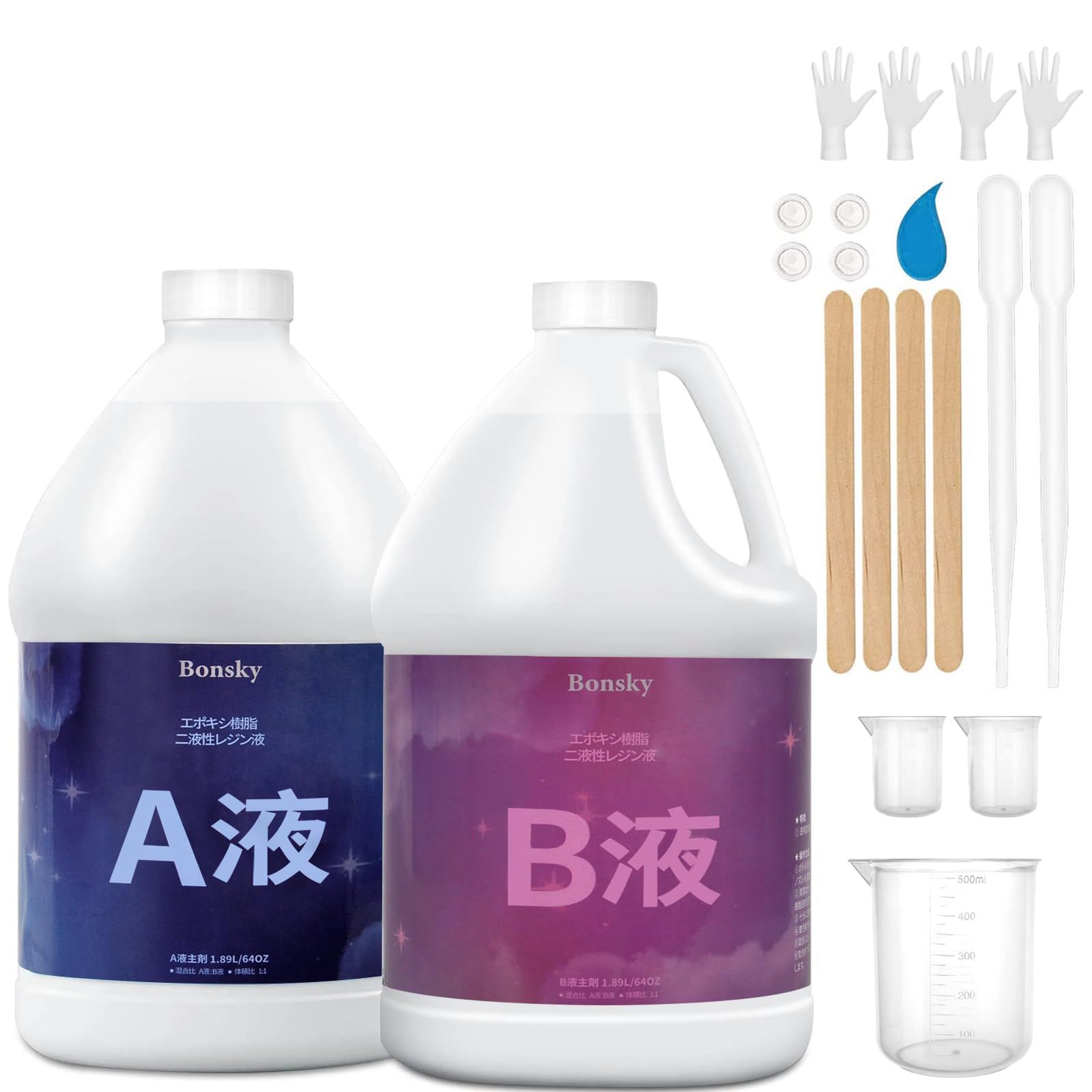 Bonsky(ボンスキー) エポキシ樹脂 2液性 4.3kg／128ozエポキシ樹脂レジン液 大容量 (A液＋B液) 体積比1:1 高い透明 高硬度 黄変しにくい 操作簡単 自然硬化 コーティング樹脂 木材キャスティング 高い光沢 0