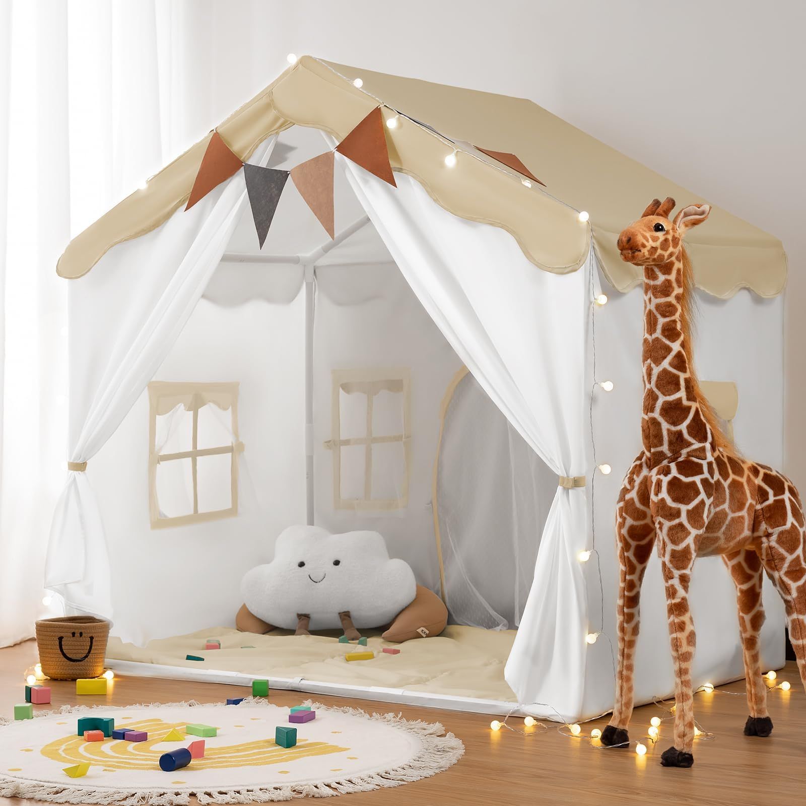 besrey キッズテント ハウステント 子供用プレイテント 秘密基地 室内遊具 2 in 1 パッド付き 大型子供用プレイハウス ドア2つ 窓4つ付き 屋内外で使用 130x89x130cm ブラウン 0