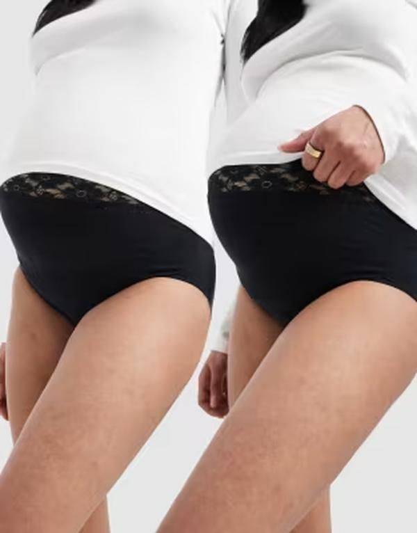 ママライシアス レディース アンダーウェア ブリーフパンツ レーストリム レース マタニティ Mamalicious Mamalicious maternity 2 pack lace trim waist control briefs Blackblack