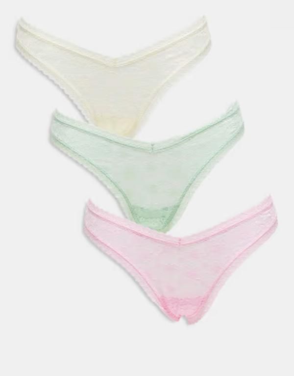 エイソス レディース アンダーウェア ブリーフパンツ レース ASOS DESIGN 3 pack all over lace dipped fronthong in pastels Multi マルチカラー