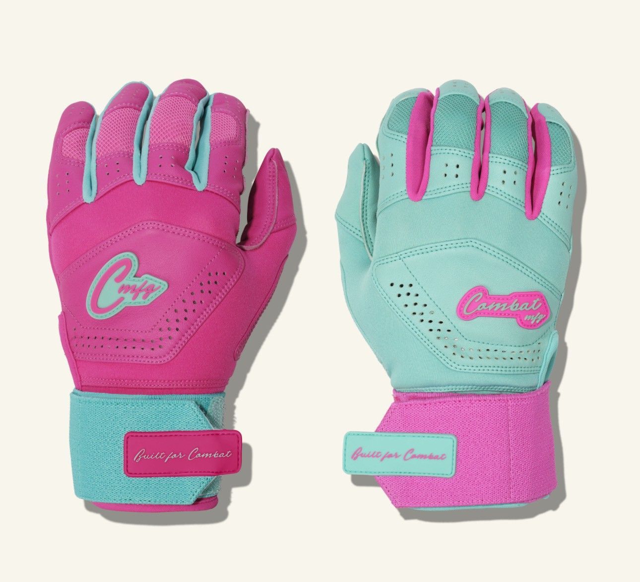 COMBAT MFG　バッティンググローブ 両手用 高グリップ仕様 野球 COMBAT MFG YING YANG LONG STRAP BATTING GLOVES Mint/Pink
