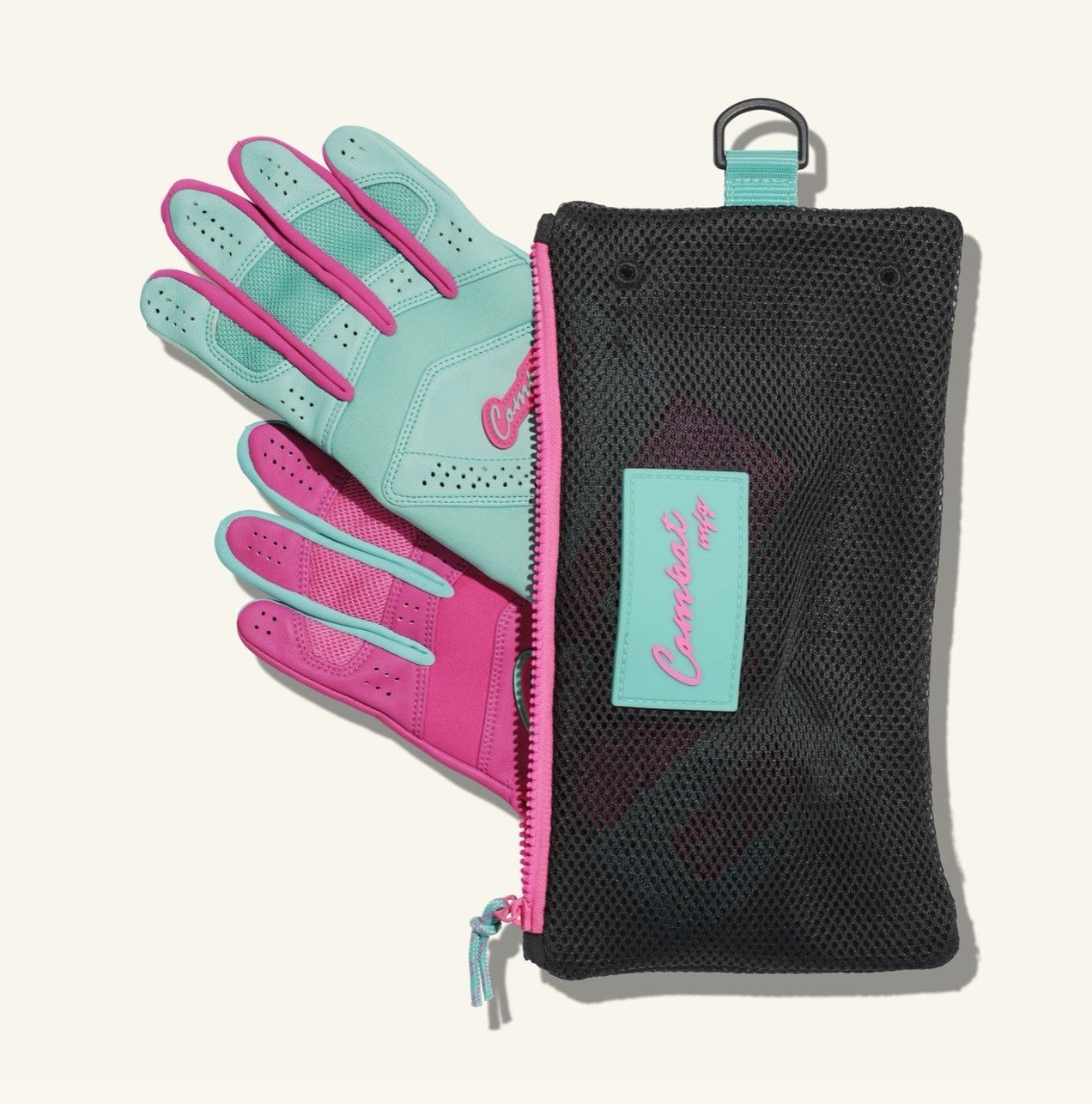 COMBAT MFG　バッティンググローブ 両手用 高グリップ仕様 野球 COMBAT MFG YING YANG LONG STRAP BATTING GLOVES Mint/Pink