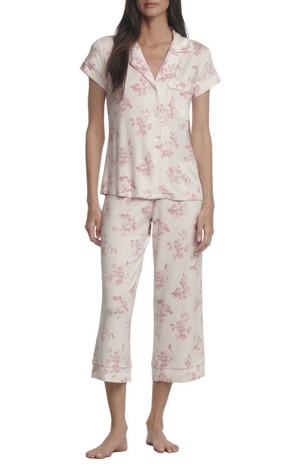 エバージェイ レディース アンダーウェア ナイトウェア プリント クロップド Eberjey Gisele Printed Short Sleeve Cropped Pajamas Rose Garden Cameo PinkPale Pi ピンク