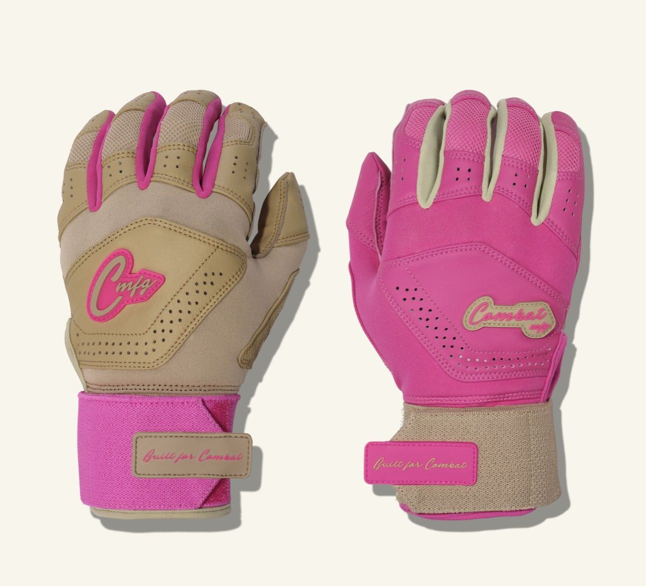 COMBAT MFG　バッティンググローブ 両手用 高グリップ仕様 野球 COMBAT MFG YING YANG LONG STRAP BATTING GLOVES Sand/Pink