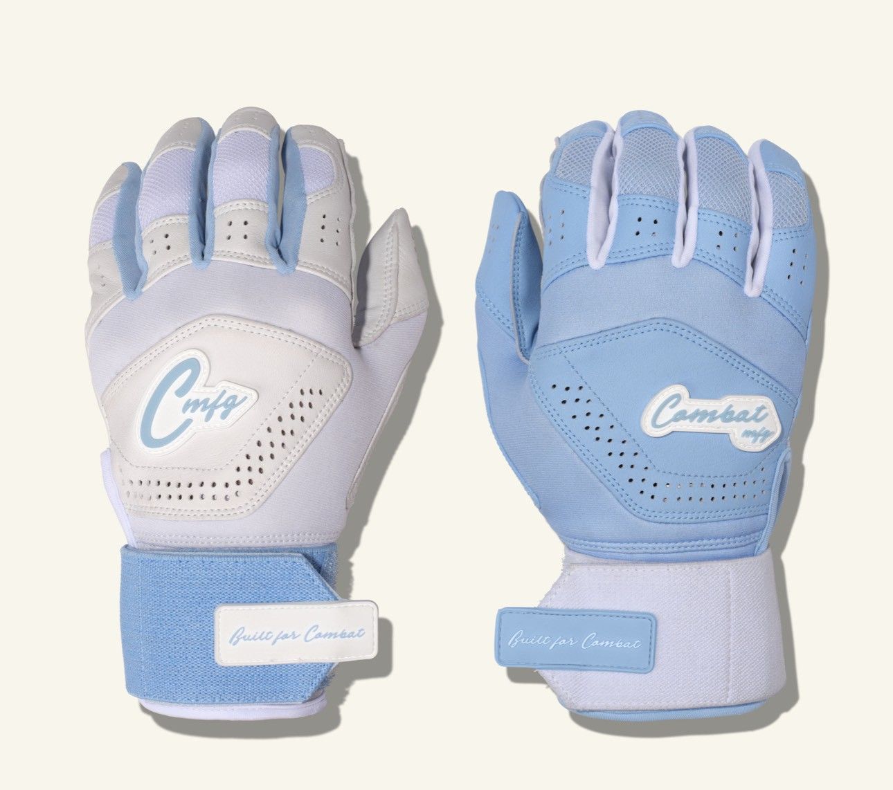 COMBAT MFG　バッティンググローブ 両手用 高グリップ仕様 野球 COMBAT MFG YING YANG LONG STRAP BATTING GLOVES White/Columbia Blue
