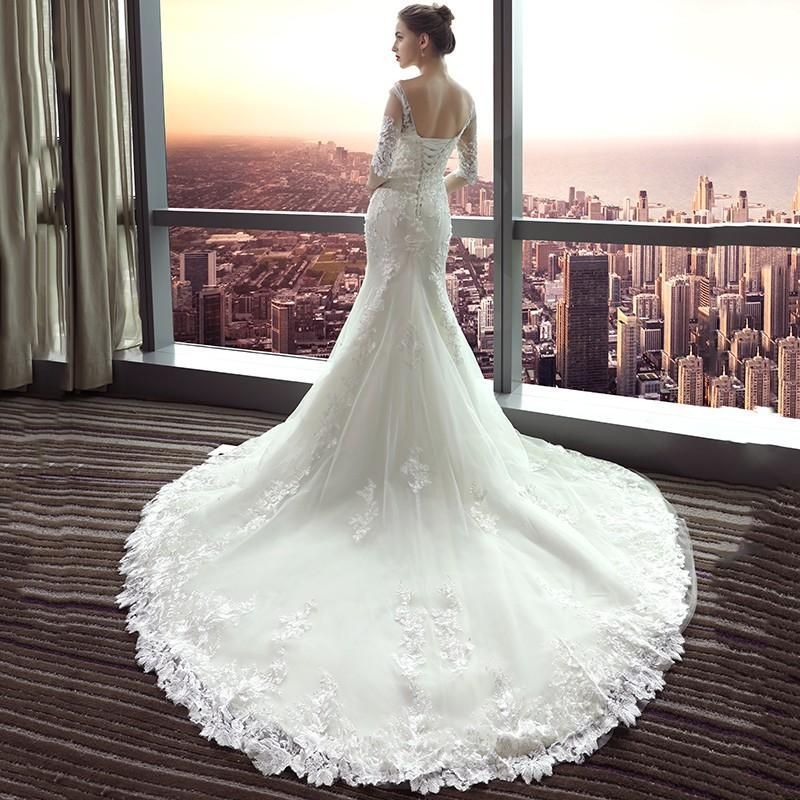 ドレス マーメイドライン 結婚式 ウエディングドレス 花嫁 長袖 ロングドレス 披露宴 マーメイドドレス 二次会 ブライダル 安い バックレス