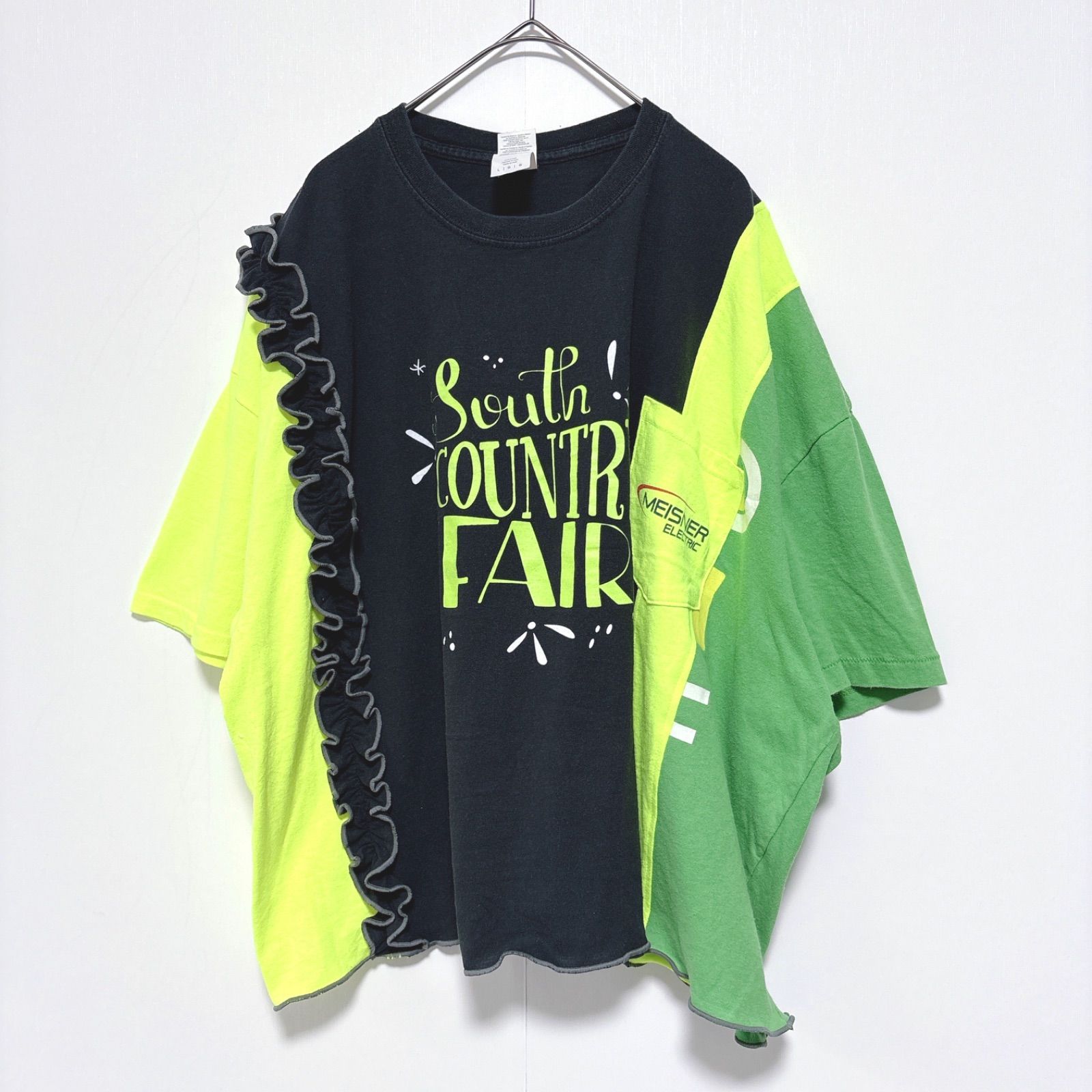 古着リメイクTシャツ 蛍光イエロー×ブラック×グリーン 切り替え 