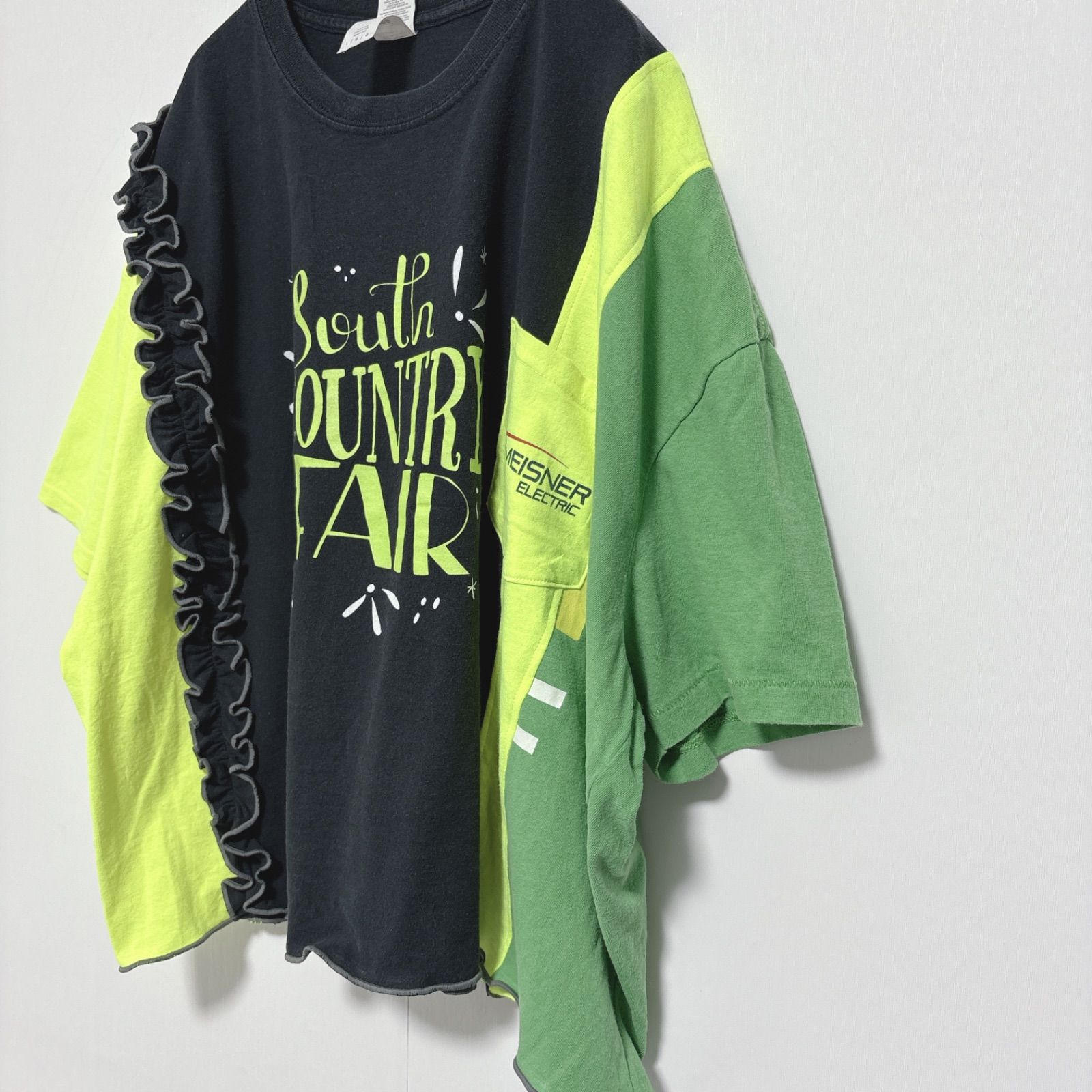 古着リメイク ブラック/イエロー パーカー 古着リメイクTシャツ 蛍光 