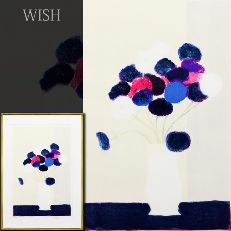 【真作】【WISH】ベルナール・カトラン Bernard Cathelin「黒いテーブルの上のアネモネ」リトグラフ 20号大 大作 直筆サイン #26052139