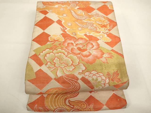 平和屋着物∵アンティーク　大正ロマン　子供　丸帯　獅子　地紙花文　引き抜き帯　逸品　AABI2782ja