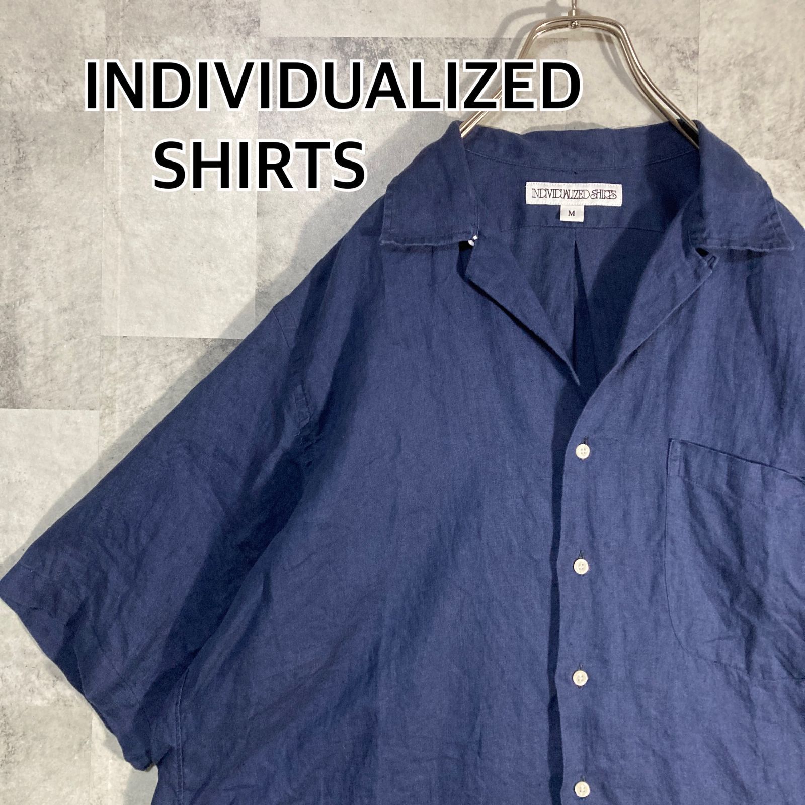 USA製 INDIVIDUALIZED SHIRTS インディヴィジュアライズド シャツ 半袖 オープンカラーシャツ リネン ネイビー M （L~XL相当）