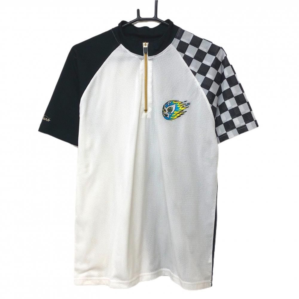 超美品】ラッセルノ 半袖ハイネックシャツ 白×黒 メッシュ生地 ハーフ