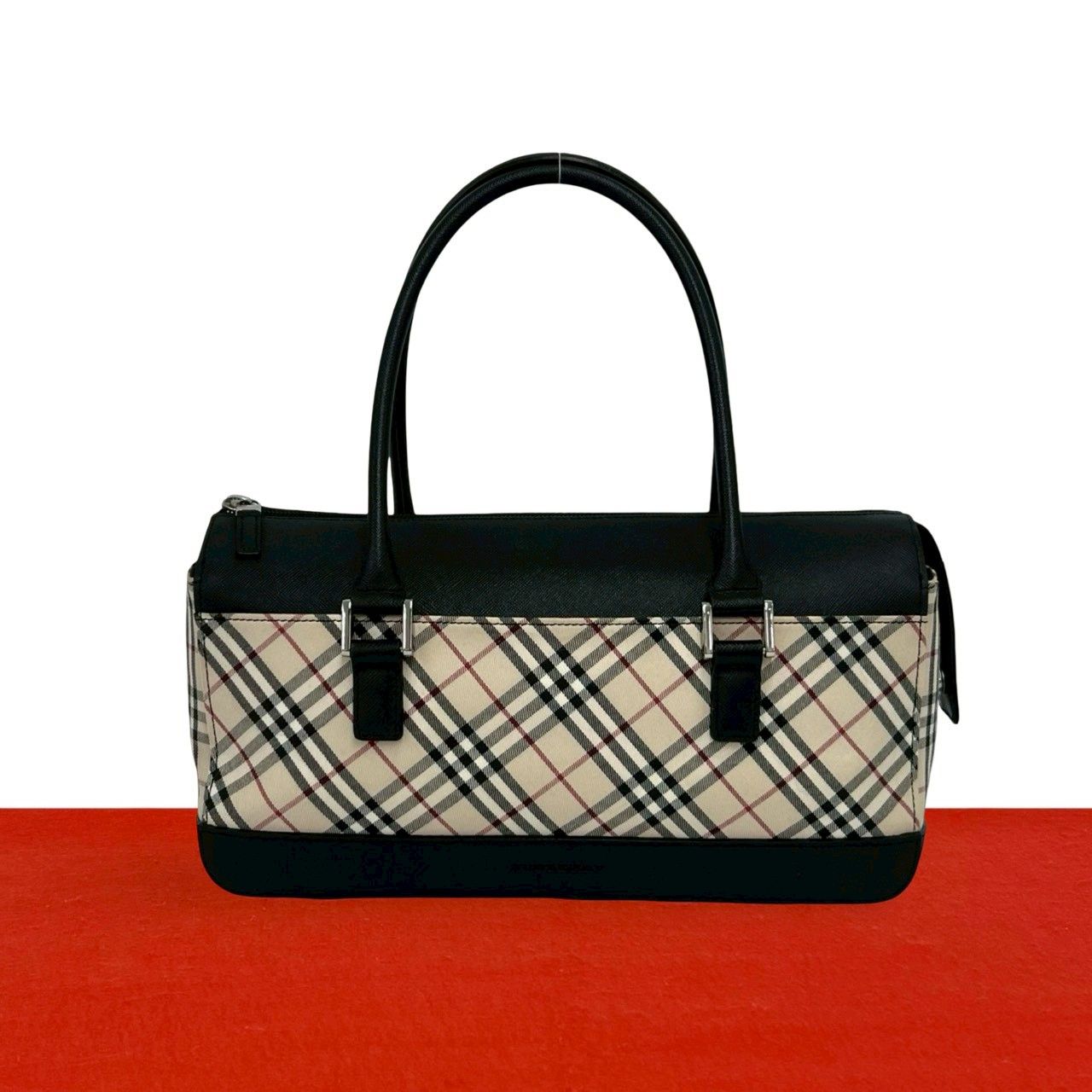 極 美品 BURBERRY バーバリー ノバチェック 柄 キャンバス レザー 本革