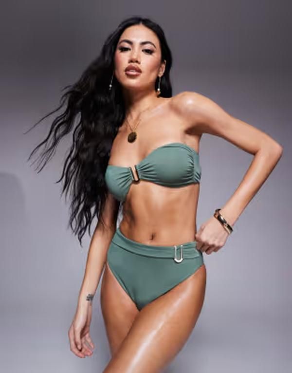 エイソス レディース 水着 ボトムスのみ ハイウエスト ASOS DESIGN Ella high waist bikini bottom with gold trim Khaki カーキ