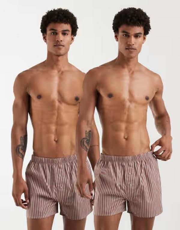 エイソス メンズ アンダーウェア ボクサーパンツ ASOS DESIGN 2pack woven boxerstripe BROWN ブラウン