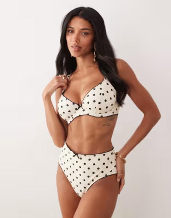 ピークボー レディース 水着 ボトムスのみ ドット柄 ハイウエスト ドット Peek Beau high waist bikini bottom with trim detail white polka dot Black White ホワイト